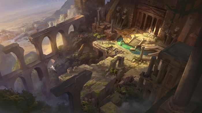 Ancient ruins with a temple and aqueducts
