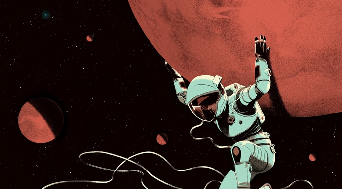 Astronaut holding a large red planet in space