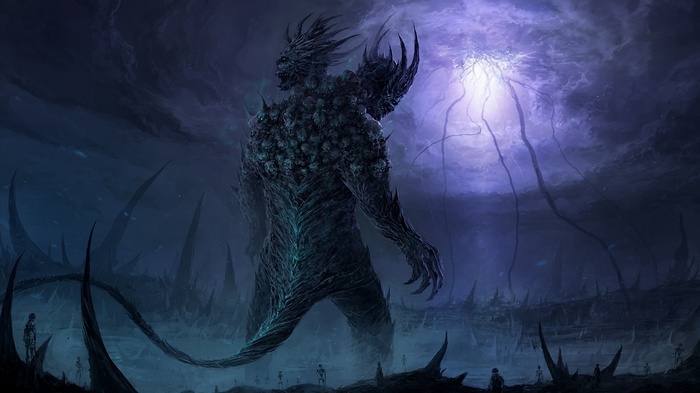 Giant creature covered in skulls in a dark fantasy landscape