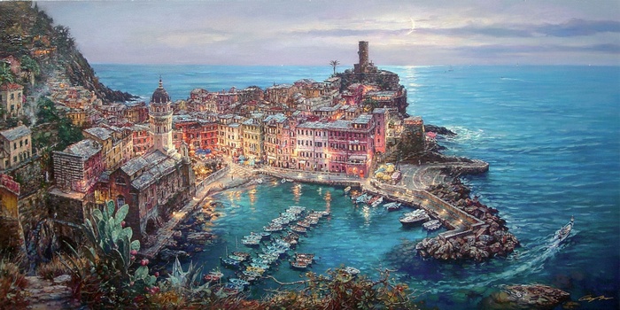 Vernazza, Italy at Dusk with Boats in the Bay