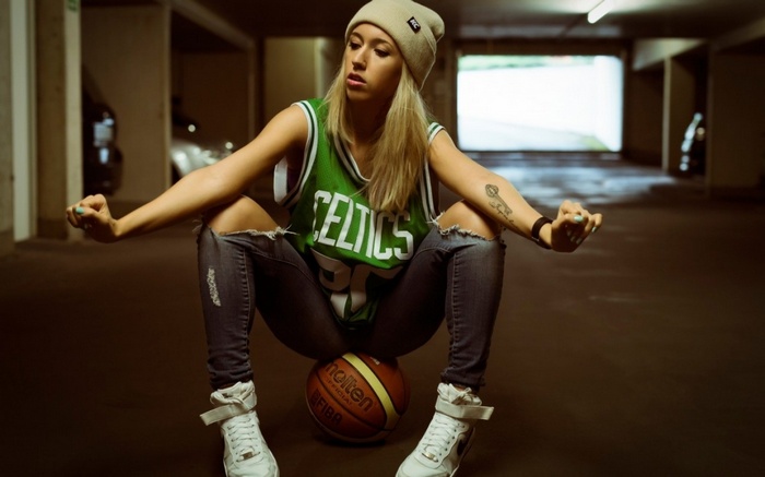 model, tattoo, makeup, women, blonde, basketball, face, long hair, jeans, vest, torn jeans, parking lot, sneakers