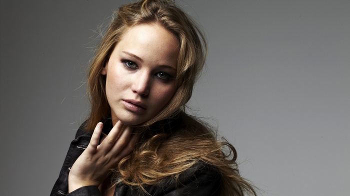 Jennifer Lawrence wearing a black leather jacket