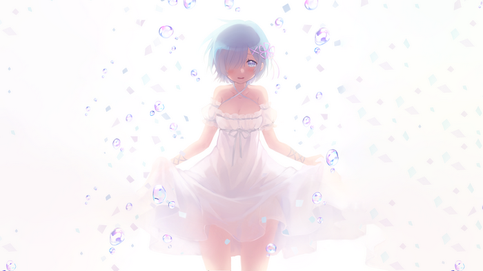Rem in a white dress with bubbles