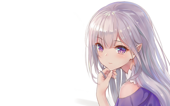 violet eyes, anime girls, white background, white hair, pointed ears, cleavage, Re:Zero Kara Hajimeru Isekai Seikatsu, Emilia (Re: Zero)