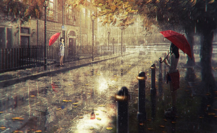Anime girls with umbrellas in a rainy cityscape