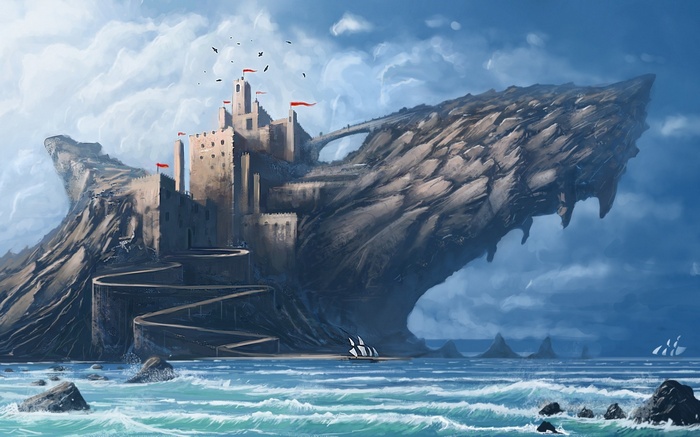 Castle on a rocky island with a sailing ship