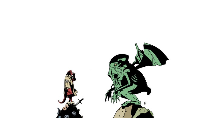 Hellboy and Cthulhu on a pile of skulls