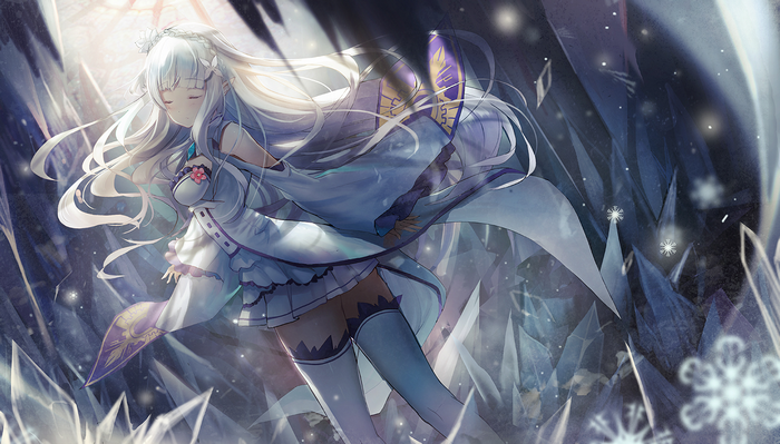 Emilia in a white dress surrounded by ice