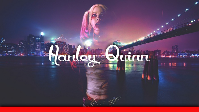 Harley Quinn in front of a city skyline and bridge