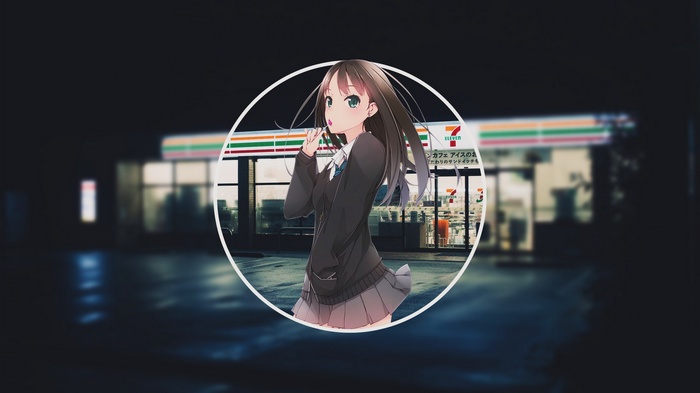 Anime girl in front of Seven Eleven at night