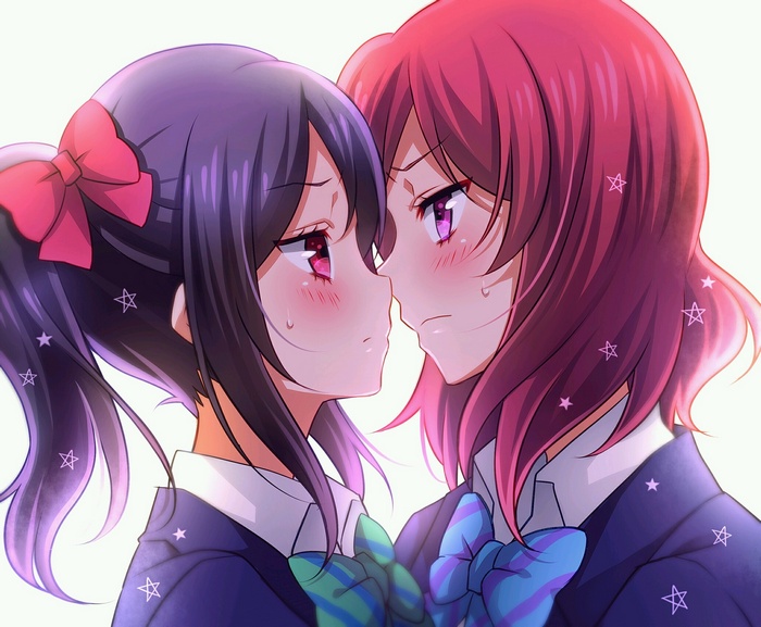 purple hair, yuri, redhead, anime, short hair, pink eyes, Yazawa Nico, Love Live!, anime girls, Nishikino Maki