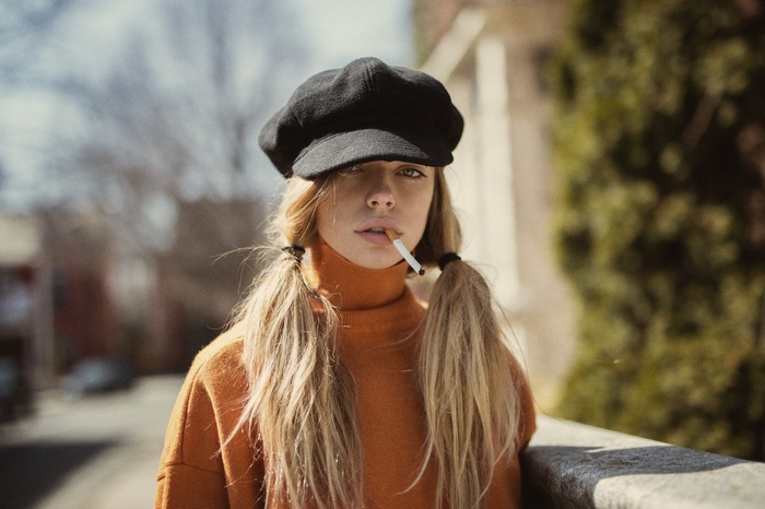 Jesse Herzog, hat, women, pigtails, sweater, smoking, looking at viewer, Marta Piekarz, blonde, model, cigarettes, street