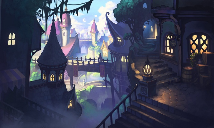 Fantasy city with towers and bridges under a moonlit sky
