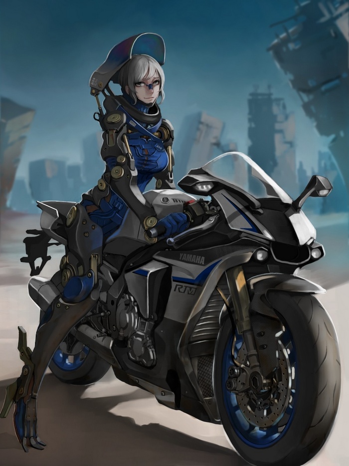Anime girl with gray hair on a Yamaha motorcycle