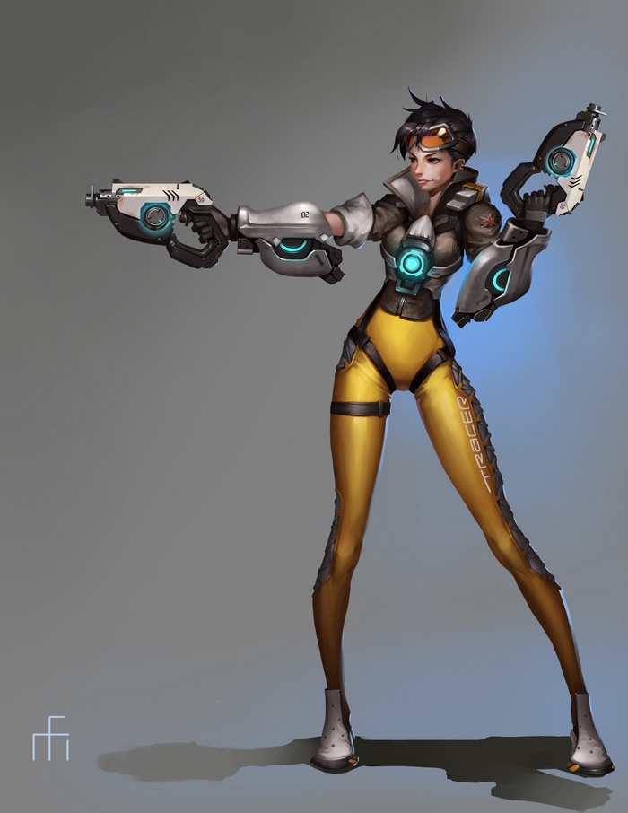 Tracer from Overwatch holding two guns
