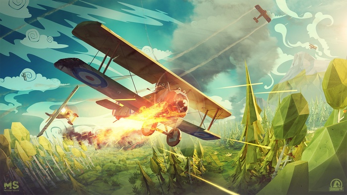 Biplane battle with fire and smoke over a forest