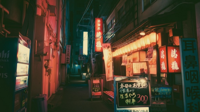 Neon Alleyway with Japanese Signs and Vending Machine