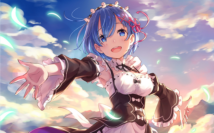 Rem from Re:Zero in a maid outfit against a sky background