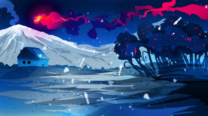 Digital art painting of a snowy landscape with a volcano