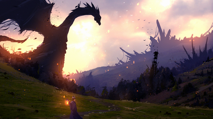 Dragon overlooking a landscape with a person holding a lantern