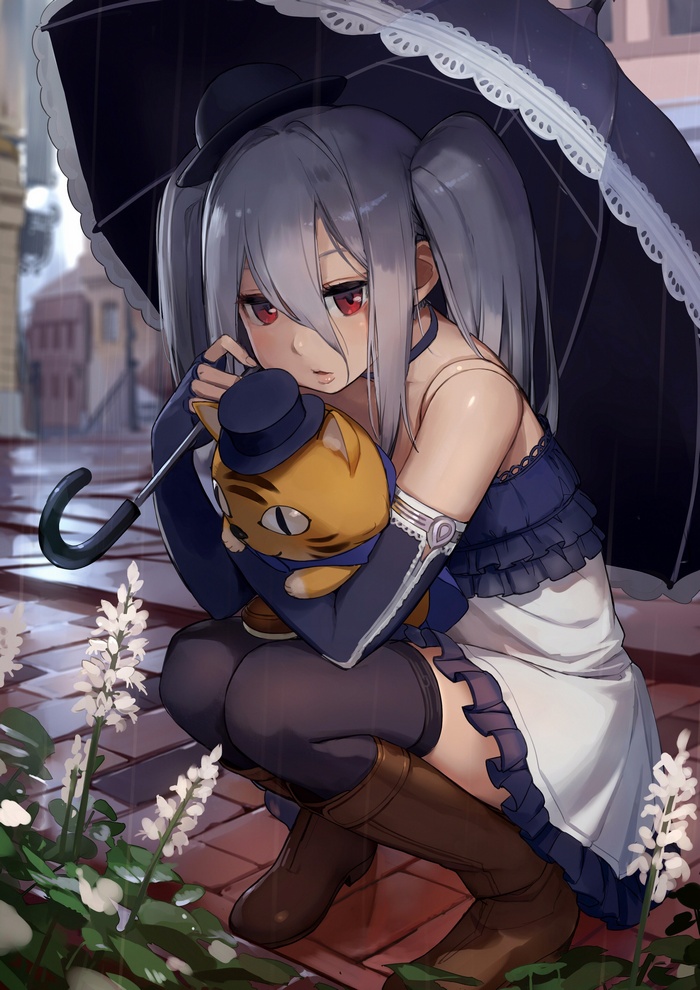 Anime girl with gray hair holding a cat plushie under an umbrella