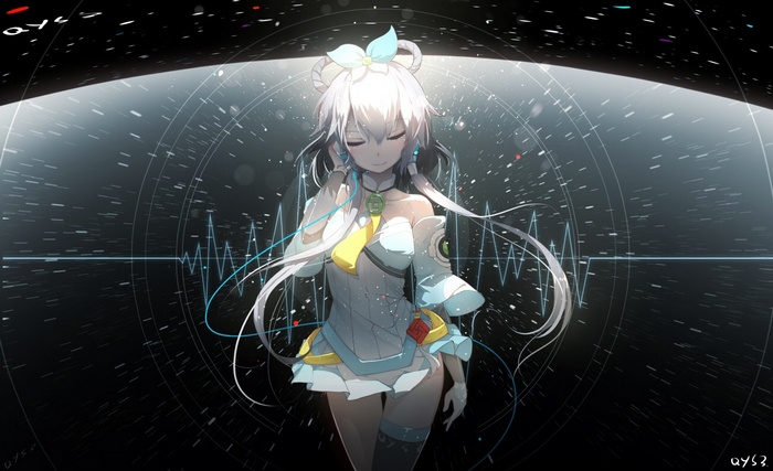 Luo Tianyi listening to music with audio spectrum background