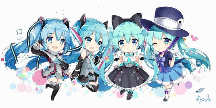 Four Chibi Hatsune Miku characters in different outfits