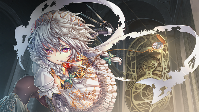 Izayoi Sakuya from Touhou holding knives and a pocket watch