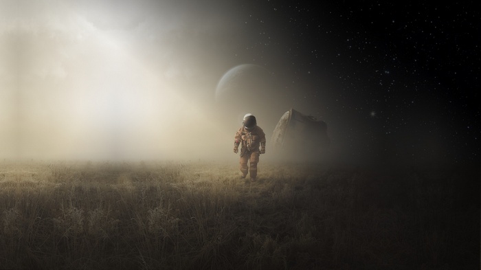 Astronaut walking on an alien planet with a large moon