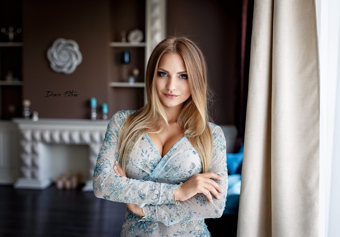 blue eyes, smiling, portrait, Denis Petrov, cleavage, blonde, Anna Kondratova, women