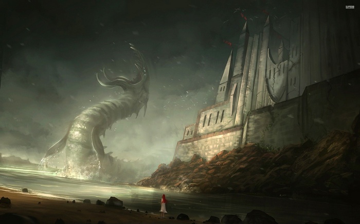 Sea monster attacks a castle with a girl watching