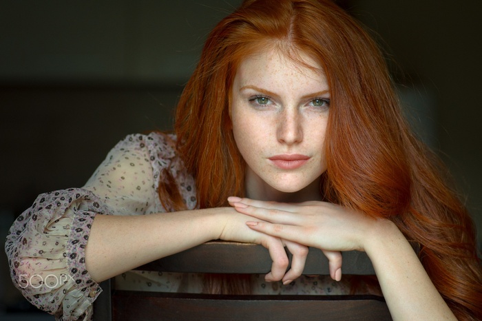 freckles, women, model, portrait, green eyes, redhead, face