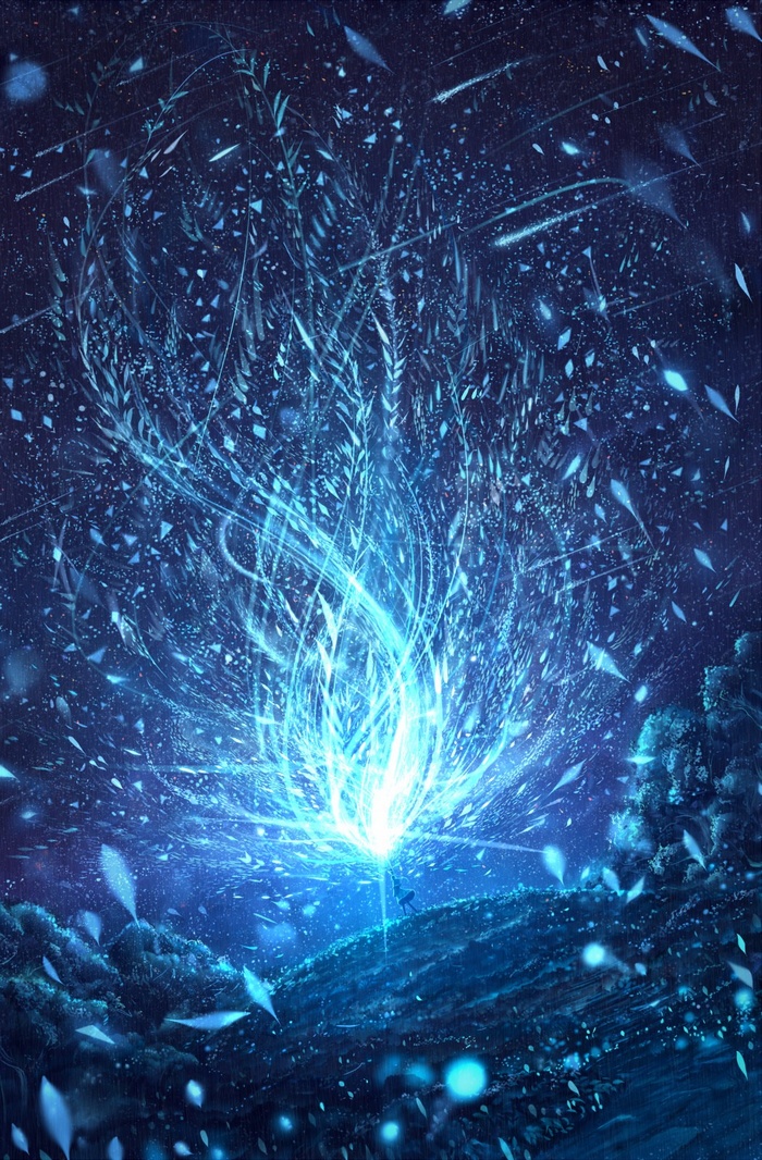 Magical glowing tree in a dark forest