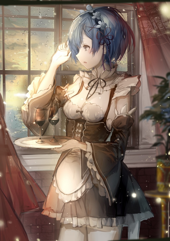 Rem from Re:Zero holding a tray with wine glasses