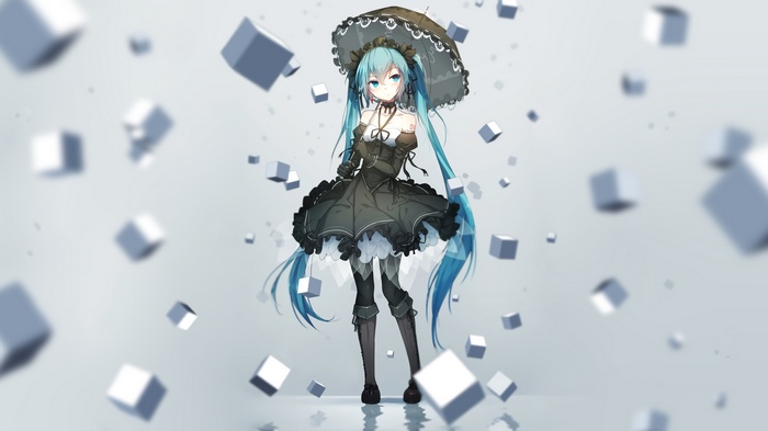 aqua hair, lolita fashion, anime girls, umbrella, anime, Vocaloid, Hatsune Miku, long hair, aqua eyes, tattoo, twintails, choker
