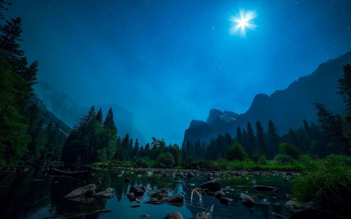 Night landscape with moon and stars over a forest and river