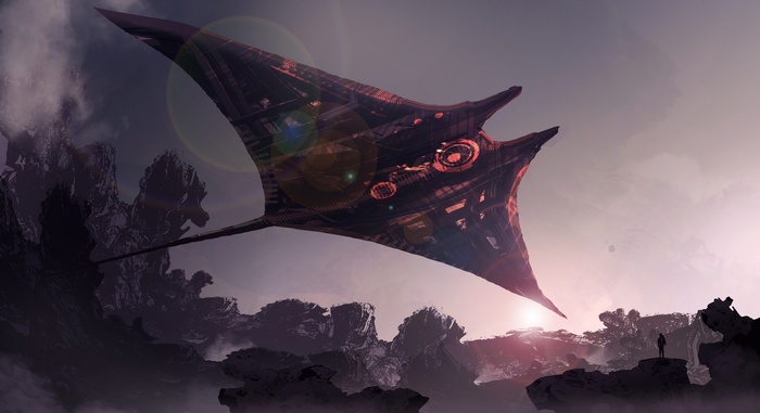 Futuristic manta ray spaceship over rocky alien landscape