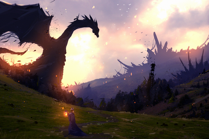 Fantasy art of a dragon at dusk