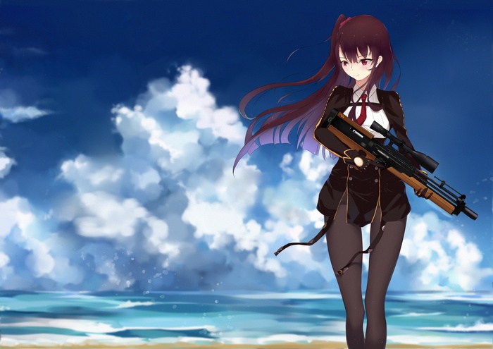 Anime girl with Walther WA 2000 sniper rifle on beach