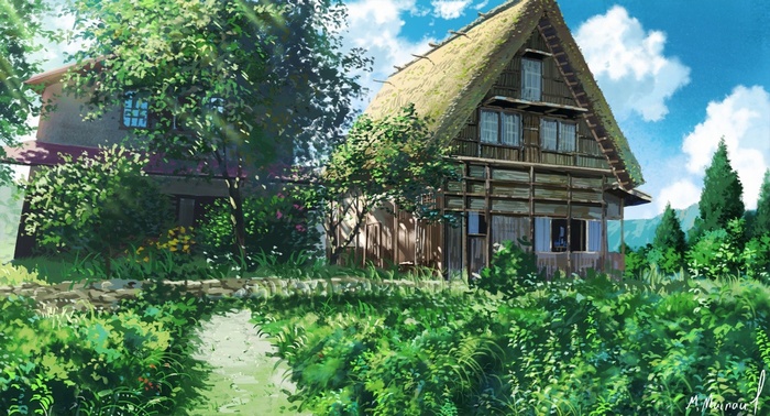 Traditional Japanese houses in a green landscape
