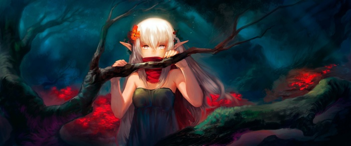Anime elf girl with white hair in a forest