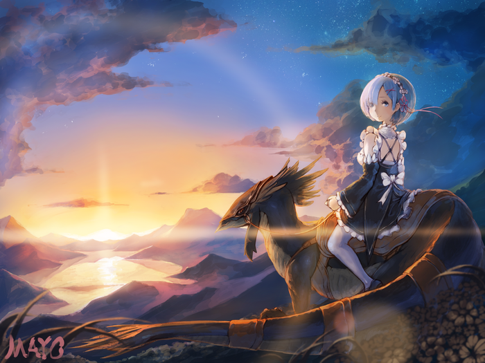 sun rays, smiling, Rem (Re: Zero), blue eyes, animals, clouds, Re:Zero Kara Hajimeru Isekai Seikatsu, sunset, blue hair, sky, maid outfit