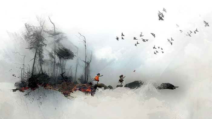 Two children run across rocks with birds flying above