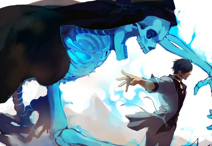 Man in suit facing a giant blue skeleton with a hood