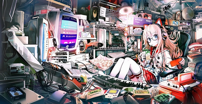 Anime girl with cat ears and headphones in a cluttered room
