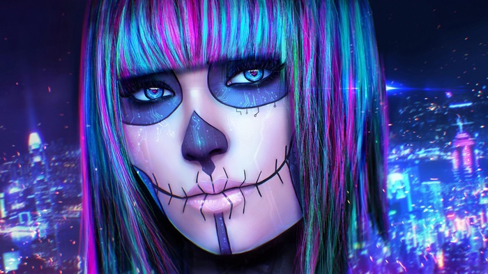 Futuristic Dia de los Muertos Woman with Neon City Background
