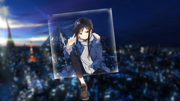 Anime girl with cap in front of city skyline