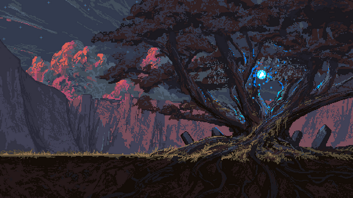 Pixel art of a magical tree with glowing orb