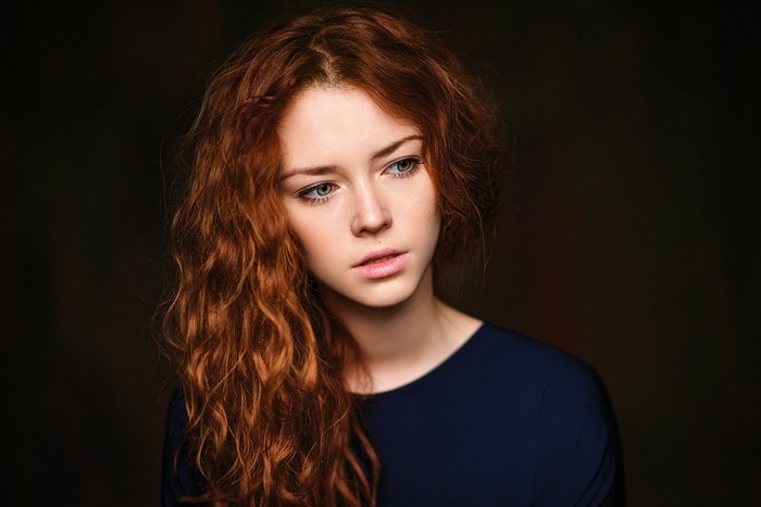 eyes, Anna Zabolotskaya, long hair, model, face, redhead, women, portrait, simple background, wavy hair