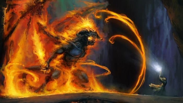 Gandalf fights the Balrog in a fiery cavern